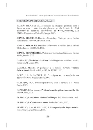 Base Curricular Comum para as Redes Públicas de Ensino de Pernambuco

9. REFERÊNCIAS BIBLIOGRÁFICAS

BASTOS, H.F.N.B. et alii. Modelização de situações- problema com o
forma de exercer ações interdisciplinares em sala de aula. IN: XVI
Encontro de Pesquisa Educacional do Norte/Nordeste, XVI
ENEM. Universidade Federal de Sergipe. 2003.

BRASIL. MEC/CNE. Diretrizes Curriculares Nacionais para o Ensino
Fundamental. Parecer CEB 04/98. 1998.

BRASIL. MEC/CNE. Diretrizes Curriculares Nacionais para o Ensino
Médio. Parecer CEB 15/98. 1998.

BRASIL. MEC/SEMTEC. Parâmetros Curriculares Nacionais: Ensino
Médio, Brasília. 2002.

CARVALHO, M Alfabetizar e letrar: Um diálogo entre a teoria e a prática.
Petrópolis,RJ: Vozes, 2005.

CÂMARA, Marcelo. O professor e o tempo. Revista Tópicos
Educacionais, Recife, n.1/2, vol.15, Ed. UFPE. 1997.

DOLZ, J & OLLAGNIER, E. O enigma da competência em
educação. Porto Alegre: Artmed, 2004.

FAZENDA, I.C.A. Interdisciplinaridade, qual o sentido? São Paulo:
Paulus, 2003.

FAZENDA, I.C.A. (coord.). Práticas Interdisciplinares na escola. São
Paulo: Cortez, 2001.

FERREIRO, E. Reflexões sobre alfabetização. São Paulo: Cortez, 1986.

FERREIRO, E. Com todas as letras. São Paulo: Cortez, 1993.

FERREIRO, E. & TEBEROSKY, A. Psicogênese da língua escrita.
Porto Alegre: Artes Médicas, 1979.


                                     109
 