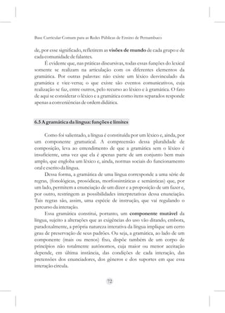 Base Curricular Comum para as Redes Públicas de Ensino de Pernambuco

de, por esse significado, refletirem as visões de mundo de cada grupo e de
cada comunidade de falantes.
      É evidente que, nas práticas discursivas, todas essas funções do lexical
somente se realizam na articulação com os diferentes elementos da
gramática. Por outras palavras: não existe um léxico desvinculado da
gramática e vice-versa; o que existe são eventos comunicativos, cuja
realização se faz, entre outros, pelo recurso ao léxico e à gramática. O fato
de aqui se considerar o léxico e a gramática como itens separados responde
apenas a conveniências de ordem didática.


6.5 A gramática da língua: funções e limites

      Como foi salientado, a língua é constituída por um léxico e, ainda, por
um componente gramatical. A compreensão dessa pluralidade de
composição, leva ao entendimento de que a gramática sem o léxico é
insuficiente, uma vez que ela é apenas parte de um conjunto bem mais
amplo, que engloba um léxico e, ainda, normas sociais do funcionamento
oral e escrito da língua.
      Dessa forma, a gramática de uma língua corresponde a uma série de
regras, (fonológicas, prosódicas, morfossintáticas e semânticas) que, por
um lado, permitem a enunciação de um dizer e a proposição de um fazer e,
por outro, restringem as possibilidades interpretativas dessa enunciação.
Tais regras são, assim, uma espécie de instrução, que vai regulando o
percurso da interação.
      Essa gramática constitui, portanto, um componente mutável da
língua, sujeito a alterações que as exigências do uso vão ditando, embora,
paradoxalmente, a própria natureza interativa da língua implique um certo
grau de preservação de seus padrões. Ou seja, a gramática, ao lado de um
componente (mais ou menos) fixo, dispõe também de um corpo de
princípios não totalmente autônomos, cuja maior ou menor aceitação
depende, em última instância, das condições de cada interação, das
pretensões dos enunciadores, dos gêneros e dos suportes em que essa
interação circula.

                                      72
 