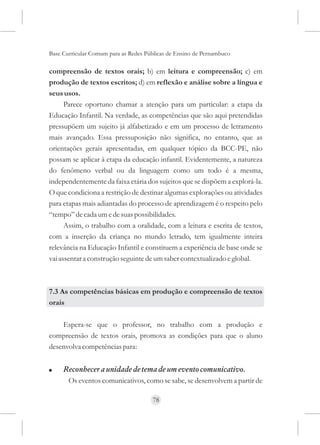 Base Curricular Comum para as Redes Públicas de Ensino de Pernambuco

compreensão de textos orais; b) em leitura e compreensão; c) em
produção de textos escritos; d) em reflexão e análise sobre a língua e
seus usos.
      Parece oportuno chamar a atenção para um particular: a etapa da
Educação Infantil. Na verdade, as competências que são aqui pretendidas
pressupõem um sujeito já alfabetizado e em um processo de letramento
mais avançado. Essa pressuposição não significa, no entanto, que as
orientações gerais apresentadas, em qualquer tópico da BCC-PE, não
possam se aplicar à etapa da educação infantil. Evidentemente, a natureza
do fenômeno verbal ou da linguagem como um todo é a mesma,
independentemente da faixa etária dos sujeitos que se dispõem a explorá-la.
O que condiciona a restrição de destinar algumas explorações ou atividades
para etapas mais adiantadas do processo de aprendizagem é o respeito pelo
“tempo” de cada um e de suas possibilidades.
      Assim, o trabalho com a oralidade, com a leitura e escrita de textos,
com a inserção da criança no mundo letrado, tem igualmente inteira
relevância na Educação Infantil e constituem a experiência de base onde se
vai assentar a construção seguinte de um saber contextualizado e global.



7.3 As competências básicas em produção e compreensão de textos
orais

    Espera-se que o professor, no trabalho com a produção e
compreensão de textos orais, promova as condições para que o aluno
desenvolva competências para:


!    Reconhecer a unidade de tema de um evento comunicativo.
      Os eventos comunicativos, como se sabe, se desenvolvem a partir de

                                      78
 