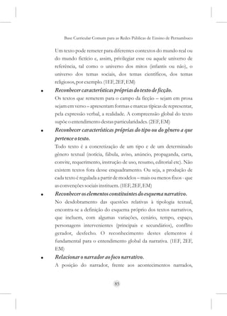 Base Curricular Comum para as Redes Públicas de Ensino de Pernambuco

    Um texto pode remeter para diferentes contextos do mundo real ou
    do mundo fictício e, assim, privilegiar esse ou aquele universo de
    referência, tal como o universo dos mitos (infantis ou não), o
    universo dos temas sociais, dos temas científicos, dos temas
    religiosos, por exemplo. (1EF, 2EF, EM)
!   Reconhecer características próprias do texto de ficção.
    Os textos que remetem para o campo da ficção – sejam em prosa
    sejam em verso – apresentam formas e marcas típicas de representar,
    pela expressão verbal, a realidade. A compreensão global do texto
    supõe o entendimento destas particularidades. (2EF, EM)
!   Reconhecer características próprias do tipo ou do gênero a que
    pertence o texto.
    Todo texto é a concretização de um tipo e de um determinado
    gênero textual (notícia, fábula, aviso, anúncio, propaganda, carta,
    convite, requerimento, instrução de uso, resumo, editorial etc). Não
    existem textos fora desse enquadramento. Ou seja, a produção de
    cada texto é regulada a partir de modelos – mais ou menos fixos - que
    as convenções sociais instituem. (1EF, 2EF, EM)
!   Reconhecer os elementos constituintes do esquema narrativo.
    No desdobramento das questões relativas à tipologia textual,
    encontra-se a definição do esquema próprio dos textos narrativos,
    que incluem, com algumas variações, cenário, tempo, espaço,
    personagens intervenientes (principais e secundários), conflito
    gerador, desfecho. O reconhecimento destes elementos é
    fundamental para o entendimento global da narrativa. (1EF, 2EF,
    EM)
!   Relacionar o narrador ao foco narrativo.
    A posição do narrador, frente aos acontecimentos narrados,


                                  85
 