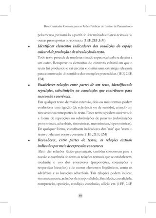 Base Curricular Comum para as Redes Públicas de Ensino de Pernambuco

    pelo menos, presumi-lo, a partir de determinadas marcas textuais ou
    outras pressupostas no contexto. (1EF, 2EF, EM)
!   Identificar elementos indicadores das condições do espaço
    cultural de produção e de circulação do texto.
    Todo texto procede de um determinado espaço cultual e se destina a
    um outro. Recuperar os elementos do contexto cultural em que o
    texto foi produzido e vai circular constitui uma estratégia relevante
    para a construção do sentido e das intenções pretendidas. (1EF, 2EF,
    EM)
!   Estabelecer relações entre partes de um texto, identificando
    repetições, substituições ou associações que contribuem para
    sua coesão e coerência.
    Em qualquer texto de maior extensão, dois ou mais termos podem
    estabelecer uma ligação (de referência ou de sentido), criando um
    nexo coesivo entre partes do texto. Esses termos podem ocorrer sob
    a forma de repetições ou substituições de palavras (substituições
    pronominais, adverbiais, sinonímicas, metonímicas, hiperonímicas).
    De qualquer forma, constituem indicadores dos 'nós' que 'atam' o
    texto e o deixam coeso e coerente. (1EF, 2EF, EM)
!   Reconhecer, entre partes de textos, as relações textuais
    indicadas por meio de expressões conectoras
    Além das relações léxico-gramaticais, também concorrem para a
    coesão e coerência do texto as relações textuais que se estabelecem,
    mediante o uso dos conectores (preposições, conjunções e
    respectivas locuções) e de outros elementos lingüísticos, como os
    advérbios e as locuções adverbiais. Tais relações podem indicar,
    semanticamente, relações de temporalidade, finalidade, causalidade,
    comparação, oposição, condição, conclusão, adição etc. (1EF, 2EF,


                                  89
 