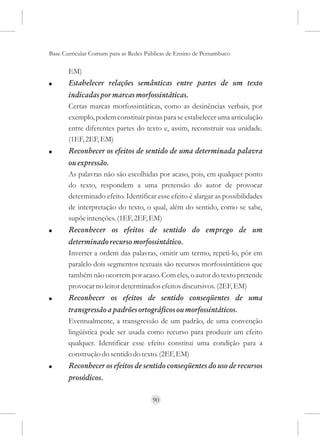 Base Curricular Comum para as Redes Públicas de Ensino de Pernambuco

       EM)
!      Estabelecer relações semânticas entre partes de um texto
       indicadas por marcas morfossintáticas.
       Certas marcas morfossintáticas, como as desinências verbais, por
       exemplo, podem constituir pistas para se estabelecer uma articulação
       entre diferentes partes do texto e, assim, reconstruir sua unidade.
       (1EF, 2EF, EM)
!      Reconhecer os efeitos de sentido de uma determinada palavra
       ou expressão.
       As palavras não são escolhidas por acaso, pois, em qualquer ponto
       do texto, respondem a uma pretensão do autor de provocar
       determinado efeito. Identificar esse efeito é alargar as possibilidades
       de interpretação do texto, o qual, além do sentido, como se sabe,
       supõe intenções. (1EF, 2EF, EM)
!      Reconhecer os efeitos de sentido do emprego de um
       determinado recurso morfossintático.
       Inverter a ordem das palavras, omitir um termo, repeti-lo, pôr em
       paralelo dois segmentos textuais são recursos morfossintáticos que
       também não ocorrem por acaso. Com eles, o autor do texto pretende
       provocar no leitor determinados efeitos discursivos. (2EF, EM)
!      Reconhecer os efeitos de sentido conseqüentes de uma
       transgressão a padrões ortográficos ou morfossintáticos.
       Eventualmente, a transgressão de um padrão, de uma convenção
       lingüística pode ser usada como recurso para produzir um efeito
       qualquer. Identificar esse efeito constitui uma condição para a
       construção do sentido do texto. (2EF, EM)
!      Reconhecer os efeitos de sentido conseqüentes do uso de recursos
       prosódicos.

                                      90
 