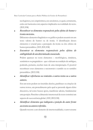 Base Curricular Comum para as Redes Públicas de Ensino de Pernambuco

       neologismos, nos empréstimos, nos arcaísmos, os quais, certamente,
       estão em harmonia com aspectos implicados na totalidade do texto.
       (2EF, EM)
!      Reconhecer os elementos responsáveis pelos efeitos de humor e
       ironia em textos.
       Diferentes elementos lingüísticos ou gráficos podem assumir em um
       texto valores de humor ou de ironia. A identificação desses
       elementos é crucial para a percepção da ironia ou dos efeitos de
       humor pretendidos. (1EF, 2EF, EM)
!      Encontrar os elementos responsáveis pelos efeitos de
       ambigüidade de um determinado enunciado.
       Podem aparecer no texto elementos – morfológicos, sintáticos,
       semânticos ou pragmáticos - que o deixam na condição de ambíguo,
       podendo, portanto, receber mais de uma interpretação. É possível
       reconhecer esses elementos e reconstruir o sentido ou os sentidos
       pretendidos. (2EF, EM)
!      Identificar referências ou remissões a outros textos ou a outros
       autores.
       Em um texto podem ser inseridas alusões, paráfrases ou citações de
       outros textos, um procedimento pelo qual se pretende algum efeito
       discursivo, tal como buscar apoio, manifestar adesão, fundamentar
       uma posição. Perceber a dimensão intertextual do texto constitui um
       aspecto de sua coerência global. (1EF, 2EF, EM)
!      Identificar elementos que indiquem a posição do autor frente
       aos textos ou autores referidos.
       Quando recorre a um elemento de intertextualidade, o autor assume


                                      92
 