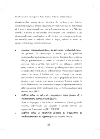 Base Curricular Comum para as Redes Públicas de Ensino de Pernambuco

discriminadas, como forma didática de melhor especificá-las.
Evidentemente, toda análise lingüística deve ser explorada na perspectiva
de formar o aluno como leitor e autor de textos orais e escritos. Não têm
sentido, portanto, se trabalhadas isoladamente, sem referência a um
determinado texto, quer literário ou não. Assim, espera-se que o professor,
no trabalho com a reflexão sobre a língua, oriente o aluno no
desenvolvimento de competências para:


!      Dominar os princípios básicos do sistema de escrita alfabética.
       No processo de alfabetização é preciso que os aprendizes
       compreendam a natureza do nosso sistema de escrita. Por exemplo, a
       direção predominante da escrita é horizontal e no sentido da
       esquerda para a direita; para escrever são utilizados símbolos
       convencionais (as letras) e ordem em que elas aparecem nas palavras
       corresponde à ordem em que os fonemas são pronunciados na pauta
       sonora. Em síntese, é fundamental compreender que a escrita tem
       relação com a pauta sonora e não com as propriedades físicas dos
       objetos e que pode-se representar um mesmo fonema através de
       letras diferentes ou que uma mesma letra pode representar fonemas
       diferentes, assim como um fonema pode ser representado por uma
       ou mais letras. (1EF)
!      Refletir sobre as diferentes linguagens, como formas de o
       homem criar e expressar significados.
       A par da linguagem verbal, existem muitas outras (visuais, gestuais,
       sonoras, audiovisuais) que integram o grande universo das
       representações semióticas. (1EF, 2EF, EM)
!      Refletir sobre as múltiplas funções da linguagem no
       estabelecimento e na organização das relações sociais.


                                      98
 