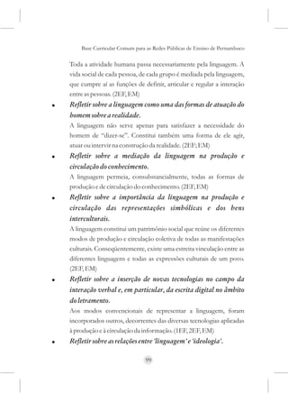 Base Curricular Comum para as Redes Públicas de Ensino de Pernambuco

    Toda a atividade humana passa necessariamente pela linguagem. A
    vida social de cada pessoa, de cada grupo é mediada pela linguagem,
    que cumpre aí as funções de definir, articular e regular a interação
    entre as pessoas. (2EF, EM)
!   Refletir sobre a linguagem como uma das formas de atuação do
    homem sobre a realidade.
    A linguagem não serve apenas para satisfazer a necessidade do
    homem de “dizer-se”. Constitui também uma forma de ele agir,
    atuar ou intervir na construção da realidade. (2EF; EM)
!   Refletir sobre a mediação da linguagem na produção e
    circulação do conhecimento.
    A linguagem permeia, consubstancialmente, todas as formas de
    produção e de circulação do conhecimento. (2EF, EM)
!   Refletir sobre a importância da linguagem na produção e
    circulação das representações simbólicas e dos bens
    interculturais.
    A linguagem constitui um patrimônio social que reúne os diferentes
    modos de produção e circulação coletiva de todas as manifestações
    culturais. Conseqüentemente, existe uma estreita vinculação entre as
    diferentes linguagens e todas as expressões culturais de um povo.
    (2EF, EM)
!   Refletir sobre a inserção de novas tecnologias no campo da
    interação verbal e, em particular, da escrita digital no âmbito
    do letramento.
    Aos modos convencionais de representar a linguagem, foram
    incorporados outros, decorrentes das diversas tecnologias aplicadas
    à produção e à circulação da informação. (1EF, 2EF, EM)
!   Refletir sobre as relações entre 'linguagem' e 'ideologia'.

                                  99
 