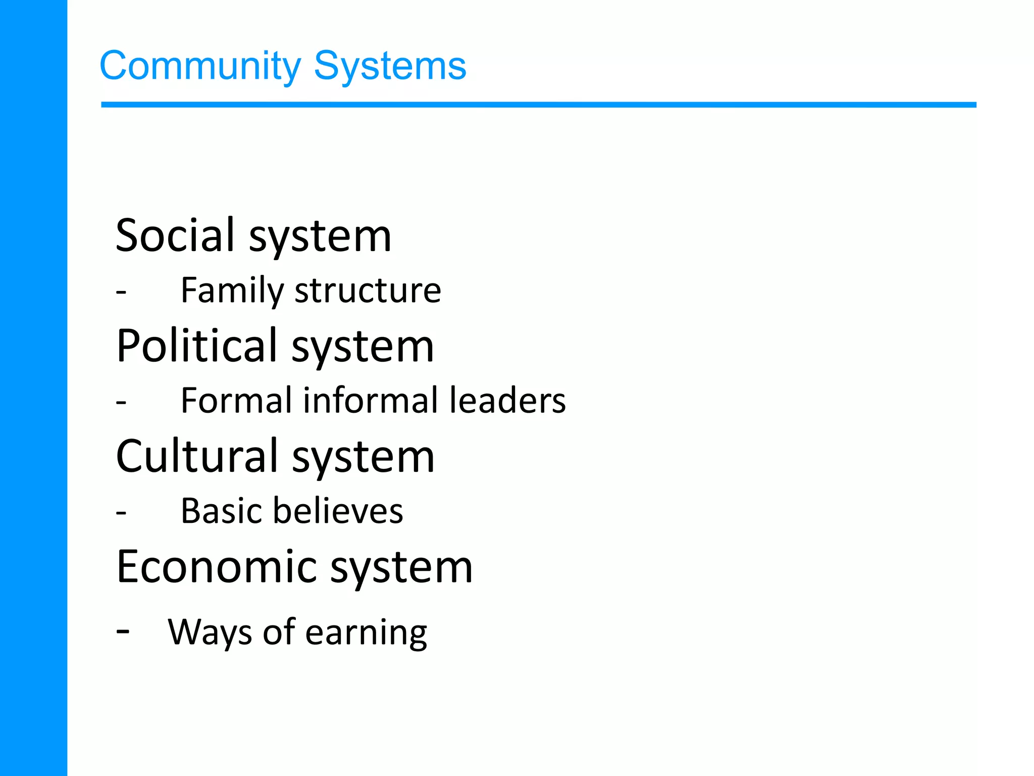 Community Systems

Social system
-

Family structure

Political system
-

Formal informal leaders

Cultural system
-

Basic believes

Economic system
- Ways of earning

 