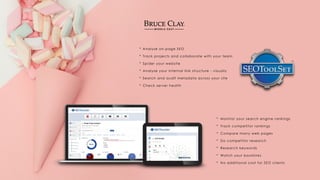 Analyse on-page SEO
Track projects and collaborate with your team
Spider your website
Analyse your internal link structure - visually
Search and audit metadata across your site
Check server health
*
*
*
*
*
*
*
*
*
*
*
*
*
Monitor your search engine rankings
Track competitor rankings
Compare many web pages
Do competitor research
Research keywords
Watch your backlinks
No additional cost for SEO clients
 