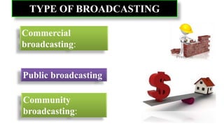 17
TYPE OF BROADCASTING
Commercial
broadcasting:
Community
broadcasting:
Public broadcasting
 
