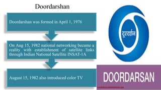 Doordarshan
August 15, 1982 also introduced color TV
On Aug 15, 1982 national networking became a
reality with establishment of satellite links
through Indian National Satellite INSAT-1A
Doordarshan was formed in April 1, 1976
27
 