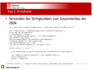 Social Collaboration 39: "Vernetzte Informationswelt“

Step 5: StringBuilder

• Verwenden des Stringbuilders zum Zusammenbau des
JSON

www.dnug.de

 