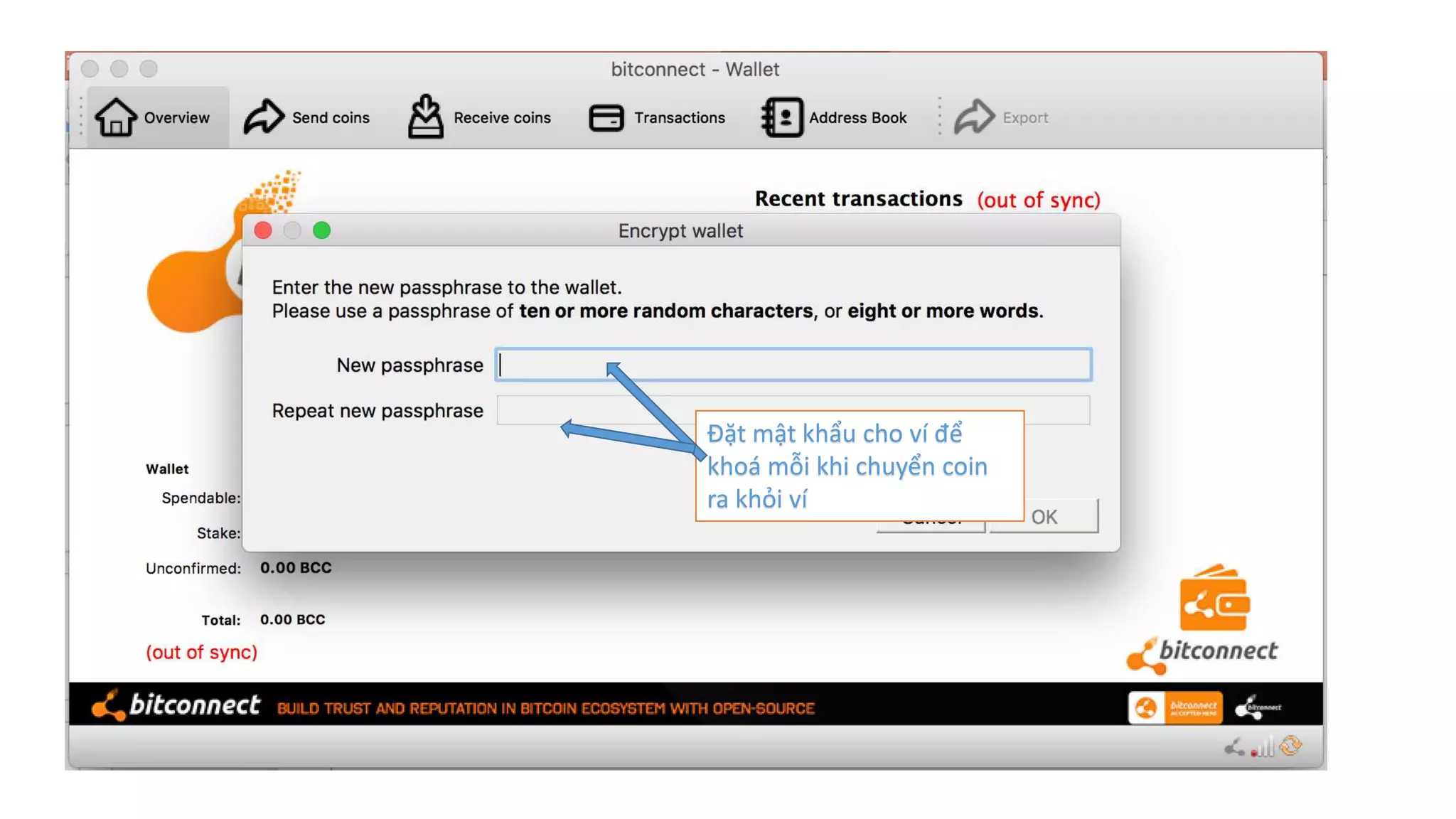 Đặt mật khẩu cho ví để
khoá mỗi khi chuyển coin
ra khỏi ví
 