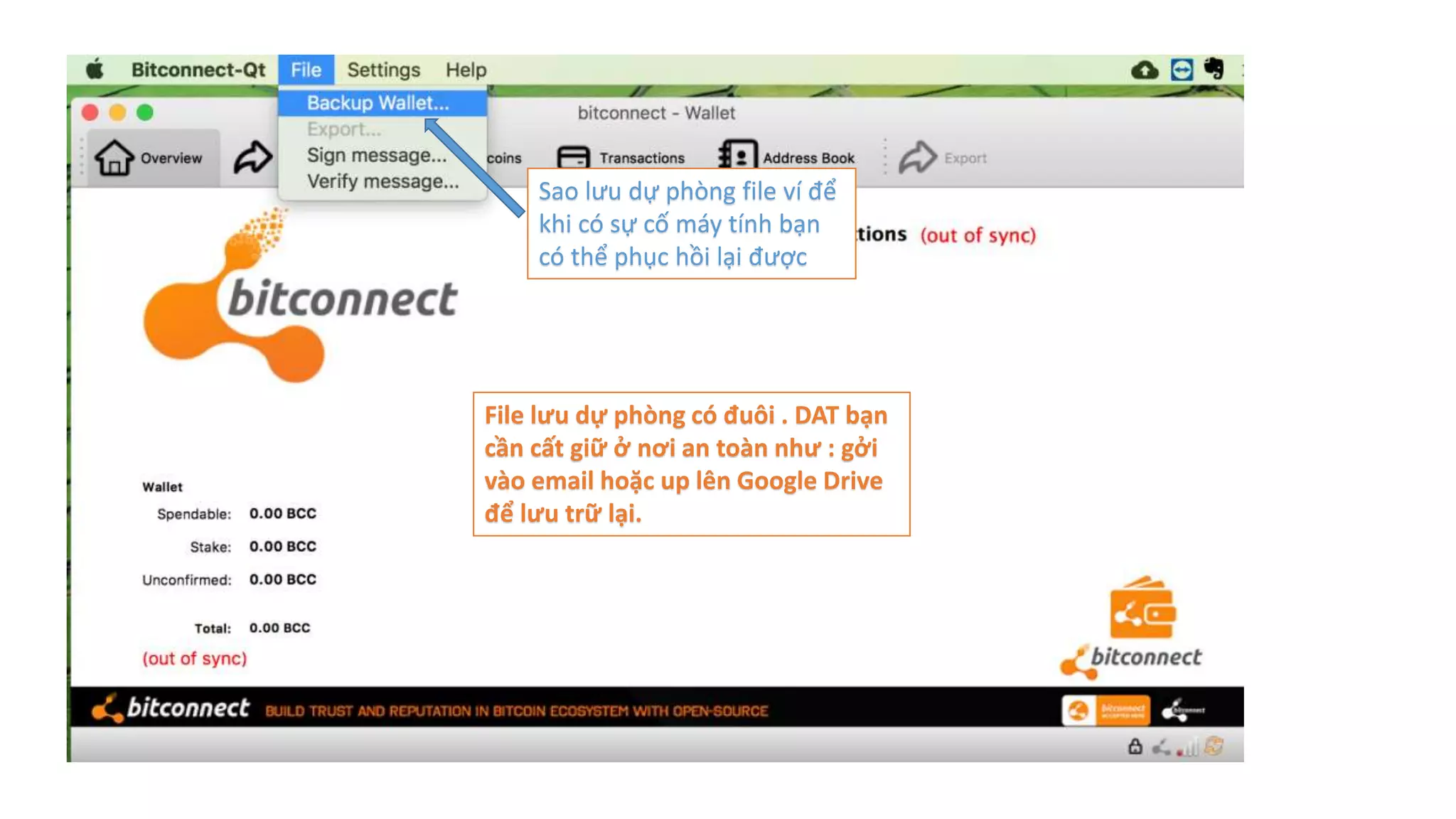 Sao lưu dự phòng file ví để
khi có sự cố máy tính bạn
có thể phục hồi lại được
File lưu dự phòng có đuôi . DAT bạn
cần cất giữ ở nơi an toàn như : gởi
vào email hoặc up lên Google Drive
để lưu trữ lại.
 