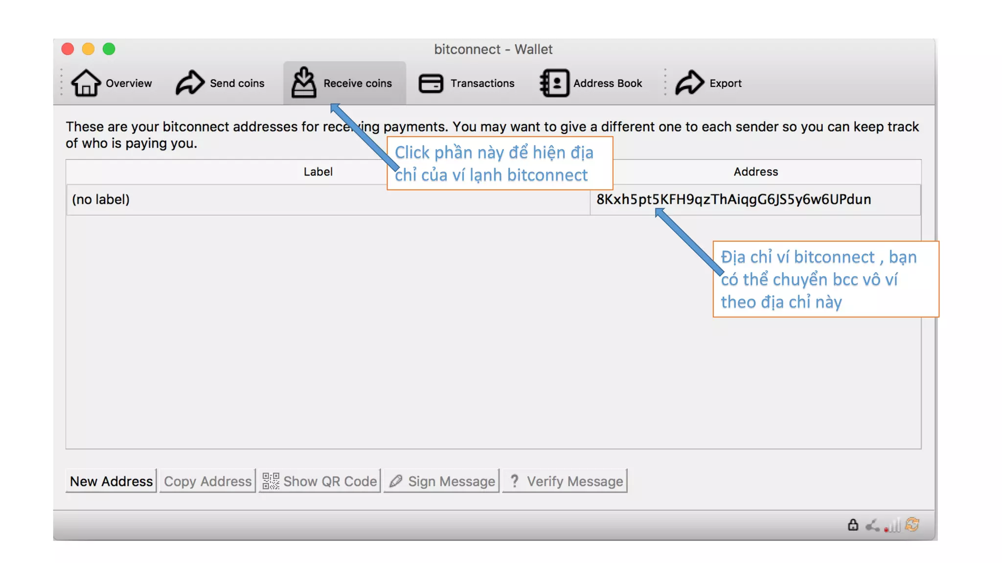 Click phần này để hiện địa
chỉ của ví lạnh bitconnect
Địa chỉ ví bitconnect , bạn
có thể chuyển bcc vô ví
theo địa chỉ này
 