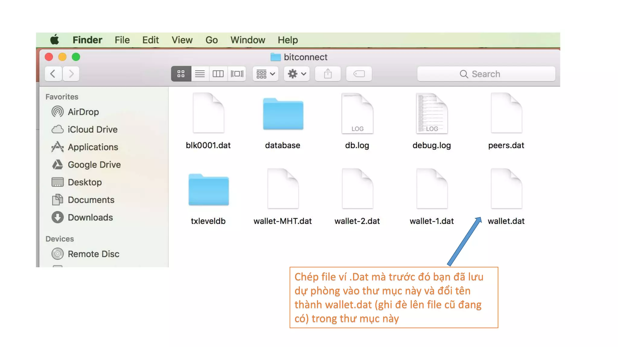 Chép file ví .Dat mà trước đó bạn đã lưu
dự phòng vào thư mục này và đổi tên
thành wallet.dat (ghi đè lên file cũ đang
có) trong thư mục này
 