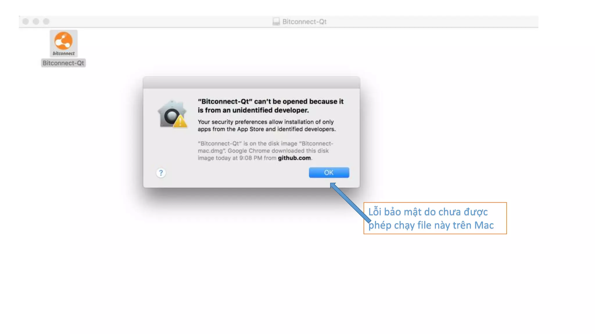 Lỗi bảo mật do chưa được
phép chạy file này trên Mac
 