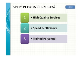 • High Quality Services• High Quality Services1
• Speed & Efficiency• Speed & Efficiency2
• Trained Personnel• Trained Personnel3
WHY PLEXUS SERVICES? HOME
 
