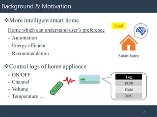 Background & Motivation
❖Control logs of home appliance
2
❖More intelligent smart home
Log
18:00
Cold
24℃
- ON/OFF
- Chann...