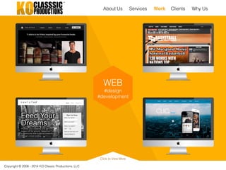 Copyright © 2006 - 2014 KO Classic Productions, LLC
Click to View More
WEB
#design
#development
About Us Work Clients Why UsServices
 