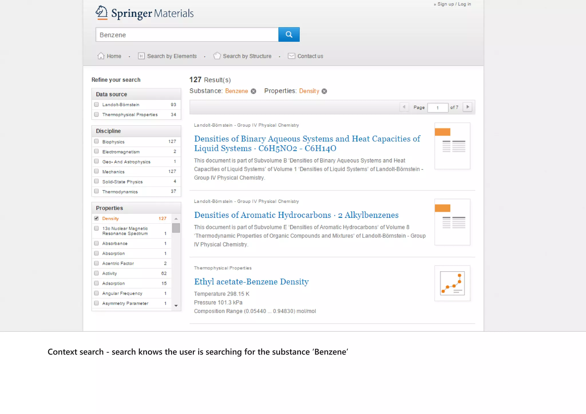 Context search - search knows the user is searching for the substance ‘Benzene’
 