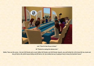 Lark “Time for two of you to leave.”

                                                           Jill “Thanks for stating the obvious lark.”

Rolley “Here are the scores. Ani-mei 135 friends and a crush, Holley 122 friends, Lark 101 friends, Song 61, Jess and Scribal 42, Jo 39, Esme 28, Cee, Jessie and
                Amy all tied on 26, which leaves Ashley and Jill tied on 16. Sorry ladies but you’re going to have to leave the bachelor house.”
 