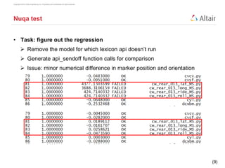Copyright © 2012 Altair Engineering, Inc. Proprietary and Confidential. All rights reserved.
(9)
Copyright © 2012 Altair Engineering, Inc. Proprietary and Confidential. All rights reserved.
Nuqa test
• Task: figure out the regression
 Remove the model for which lexicon api doesn’t run
 Generate api_sendoff function calls for comparison
 Issue: minor numerical difference in marker position and orientation
 