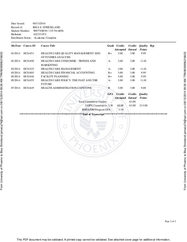 and grading system enrollment transcript University of Phoenix completed