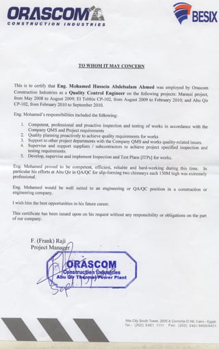 Total Orascom Period Experience Letter