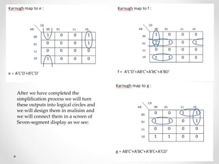 After we have completed the
simplification process we will turn
these outputs into logical circles and
we will design them in mulisim and
we will connect them in a screen of
Seven-segment display as we see:
 