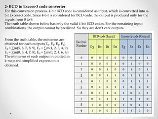 2- BCD to Excess-3 code converter
For this conversion process, 4-bit BCD code is considered as input, which is converted into 4-
bit Excess-3 code. Since 4-bit is considered for BCD code, the output is produced only for the
inputs from 0 to 9.
The truth table shown below has only the valid 4-bit BCD codes. For the remaining input
combinations, the output cannot be predicted. So they are don’t care outputs.
From the truth table, the minterms are
obtained for each outputs(E3, E2, E1, E0).
E3 = ∑m(5, 6, 7, 8, 9), E2 = ∑m(1, 2, 3, 4, 9),
E1 = ∑m(0, 3, 4, 7, 8), E0 = ∑m(0, 2, 4, 6, 8,)
The minterms of each output in plotted in
k-map and simplified expression is
obtained.
 
