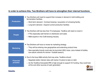 - 11 -
USConsultingReportTemplate_R1.5V_0411.pot
In order to achieve this, Two Brothers will have to strengthen their internal functions
¡  Two Brothers will need to support their increase in demand in both bottling and
fermentation facilities.
–  Short term demand - Contract brewing / acquisition of a brewing facility.
–  Long term demand - Expand current production facilities
Production
People
Marketing
Financial
prowess
¡  Two Brothers still has less than 70 employees. TwoBros will need to invest in
–  FTEs especially well trained on distribution and sales
–  M&A experts in the Craft brewing industry
¡  Two Brothers will have to review its marketing strategy
–  They will be entering new geographies and extending product lines
–  New speciality brands could also be launched (SKU sizes, cans instead of bottles,
low-calorie variants for women / football season)
¡  Due to the busy M&A activity that may arise, TwoBros should
–  Negotiate better interest rates with banks if it plans to take on debt
–  As the TwoBros forecasted IRR is high enough to support VC funding, they could look
at this and other sources of cash generation
 