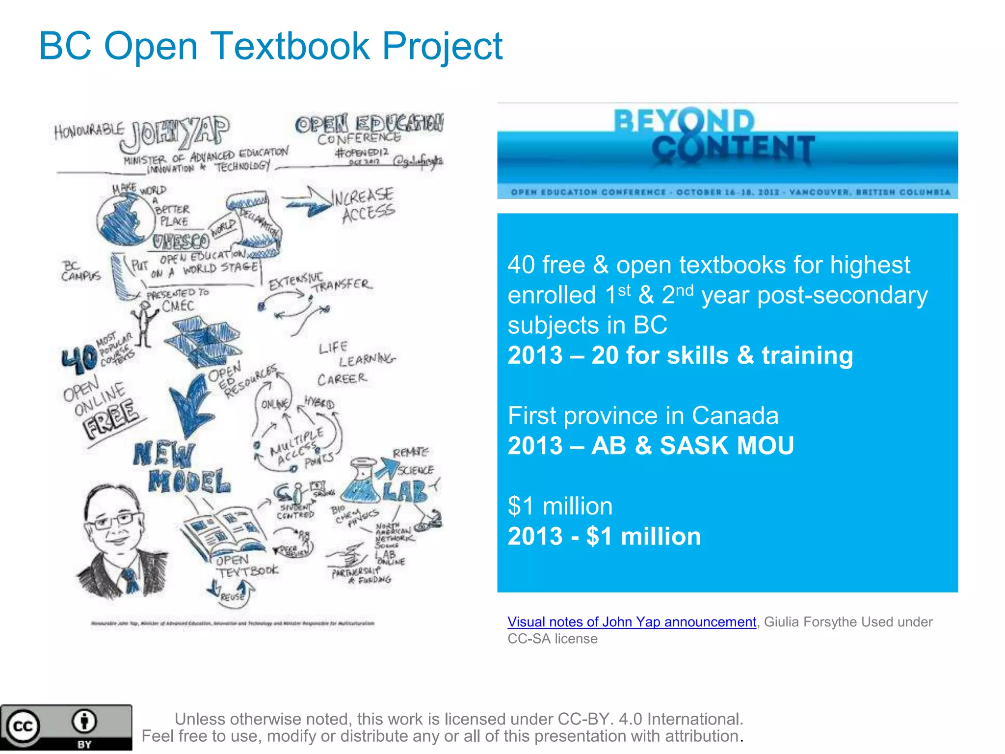 BC Open Textbook Project
40 free & open textbooks for highest
enrolled 1st & 2nd year post-secondary
subjects in BC
2013 – 20 for skills & training
First province in Canada
2013 – AB & SASK MOU
$1 million
2013 - $1 million
Visual notes of John Yap announcement, Giulia Forsythe Used under
CC-SA license
Unless otherwise noted, this work is licensed under CC-BY. 4.0 International.
Feel free to use, modify or distribute any or all of this presentation with attribution.
 