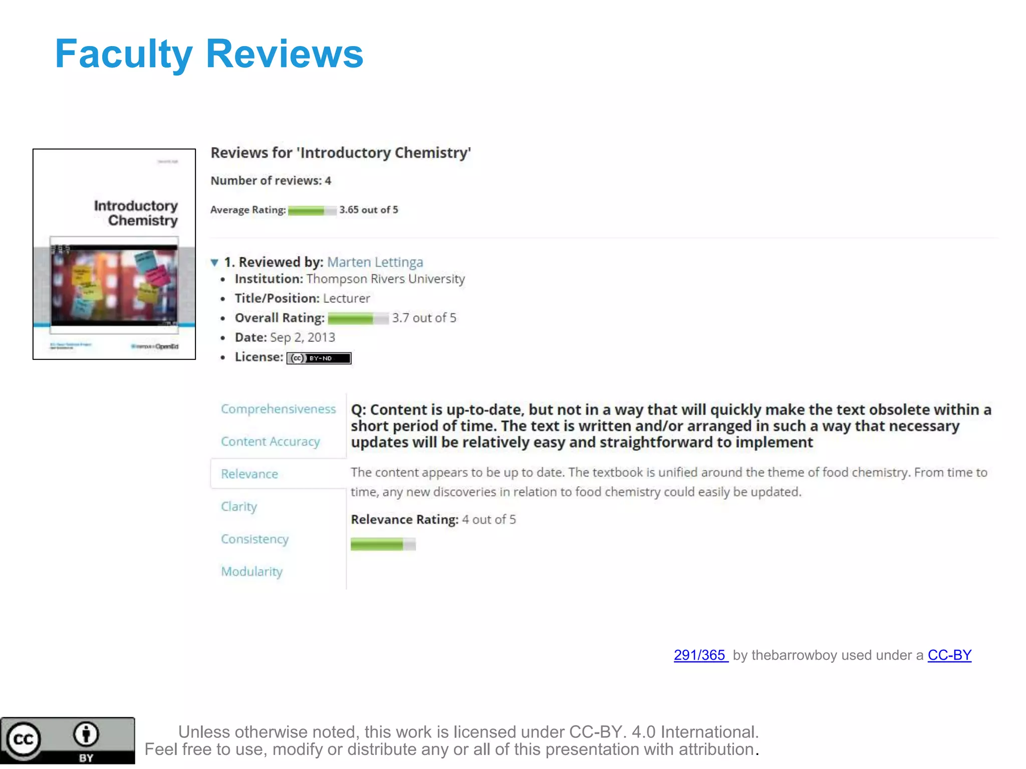 Faculty Reviews
291/365 by thebarrowboy used under a CC-BY
Unless otherwise noted, this work is licensed under CC-BY. 4.0 International.
Feel free to use, modify or distribute any or all of this presentation with attribution.
 
