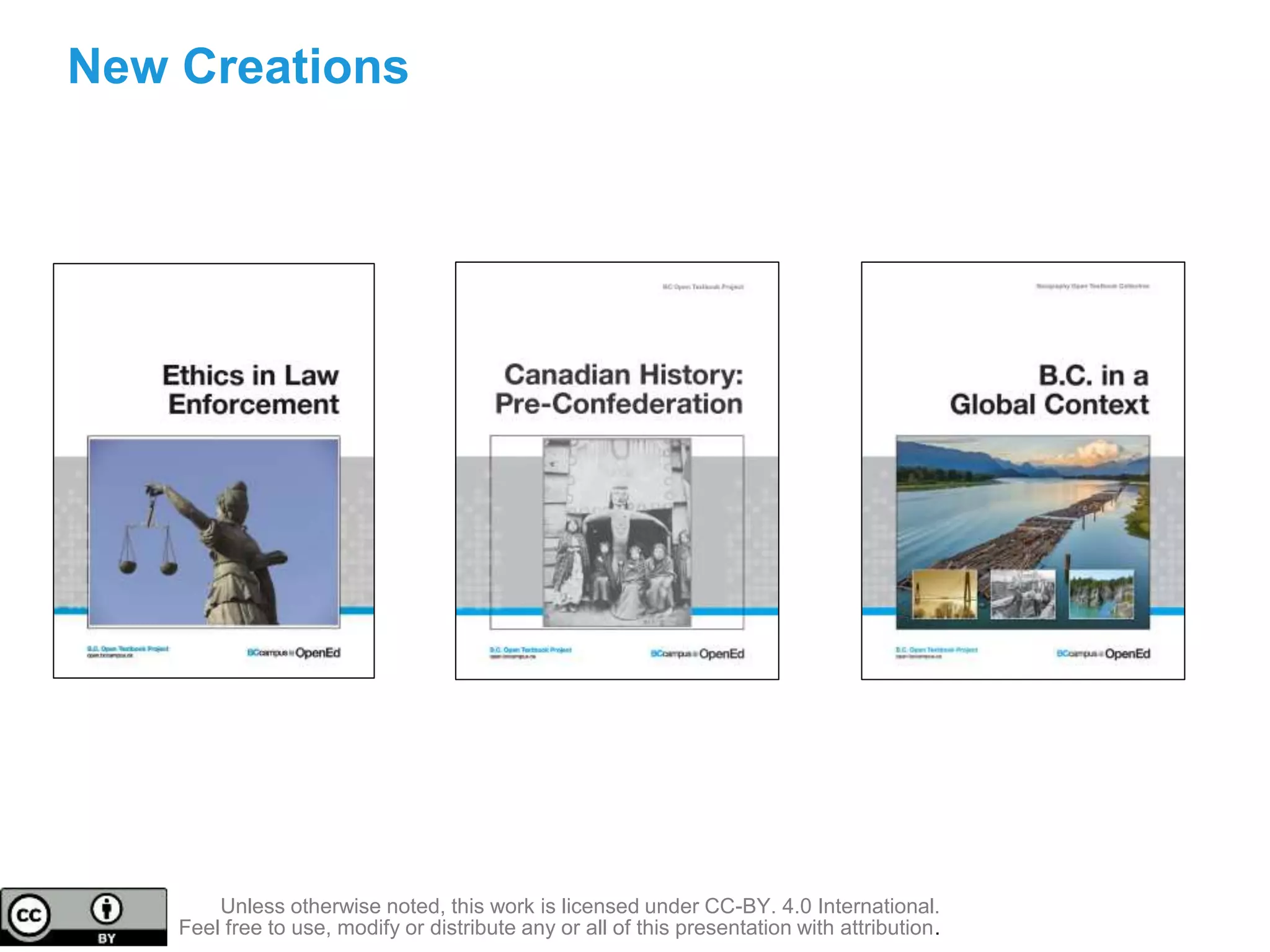 New Creations
Unless otherwise noted, this work is licensed under CC-BY. 4.0 International.
Feel free to use, modify or distribute any or all of this presentation with attribution.
 