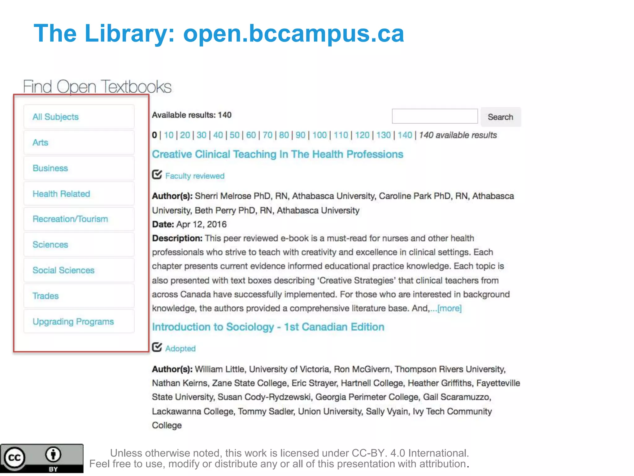 The Library: open.bccampus.ca
Unless otherwise noted, this work is licensed under CC-BY. 4.0 International.
Feel free to use, modify or distribute any or all of this presentation with attribution.
 