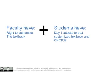Faculty have:
Right to customize
The textbook
Students have:
Day 1 access to that
customized textbook and
CHOICE
+
Unless ...