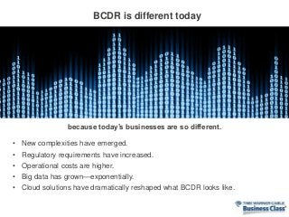 • New complexities have emerged.
• Regulatory requirements have increased.
• Operational costs are higher.
• Big data has grown—exponentially.
• Cloud solutions have dramatically reshaped what BCDR looks like.
because today’s businesses are so different.
BCDR is different today
 