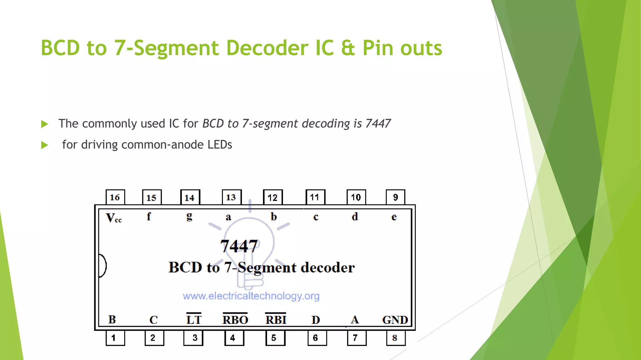 BCD to 7-Segment Decoder IC & Pin outs
 The commonly used IC for BCD to 7-segment decoding is 7447
 for driving common-anode LEDs
 