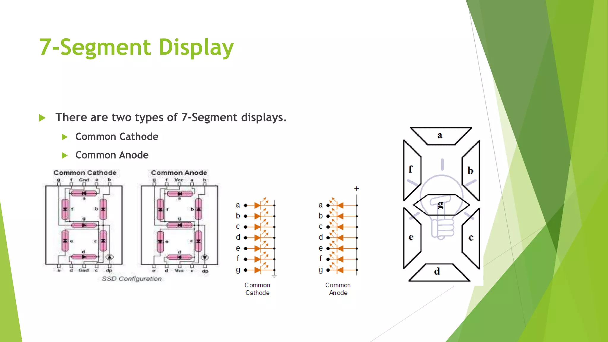 7-Segment Display
 There are two types of 7-Segment displays.
 Common Cathode
 Common Anode
 