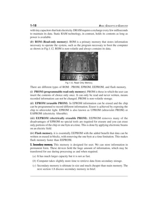 1-18 BASIC CONCEPTS OF COMPUTER
with tiny capacitors that leak electricity. DRAM requires a recharge every few milliseconds
to maintain its data. Static RAM technology, in contrast, holds its contents as long as
power is available.
(b) ROM (Read-only memory). ROM is a primary memory that stores information
necessary to operate the system, such as the program necessary to boot the computer
as shown in Fig.1.12. ROM is non-volatile and always contains its data.
Fig.1.12. Read Only Memory.
There are different types of ROM : PROM, EPROM, EEPROM, and flash memory.
(i) PROM (programmable read-only memory). PROM is those in which the user can
insert the contents of choice only once. It can only be read and never written, means
recorded information can not be changed. PROM is non-volatile storage.
(ii) EPROM (erasable PROM). In EPROM information can be erased and the chip
can be programmed to record different information. Eraser is achieved by exposing the
chip to ultraviolet light. EPROM is also known as UPROM (ultraviolet PROM) or
EAPROM (electricity Alterable).
(iii) EEPROM (electrically erasable PROM). EEPROM removes many of the
disadvantages of EPROM no special tools are required for erasure and you can erase
only portions of the chip or one byte at a time. This is done by applying electronic beams
on an electric field.
(iv) Flash memory. it is essentially EEPROM with the added benefit that data can be
written or erased in blocks, with removing the one byte at a time limitation. This makes
flash memory faster than EEPROM.
2. Secondary memory. This memory is designed for user. We can store information in
permanent form. These devices hold the huge amount of information, which may be
transferred for use during processing as and when required.
(a) It has much larger capacity but it is not as fast.
(b) Computer takes slightly more time to retrieve data from secondary storage.
(c) Secondary memory is ultimate in size and much cheaper than main memory. The
next section 1.8 discuss secondary memory in brief.
 