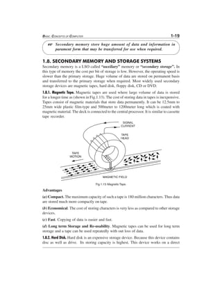 BASIC CONCEPTS OF COMPUTER 1-19
Secondary memory store huge amount of data and information in
parament form that may be transferred for use when required.
1.8. SECONDARY MEMORY AND STORAGE SYSTEMS
Secondary memory is a LSO called “auxiliary” memory or “secondary storage”. In
this type of memory the cost per bit of storage is low. However, the operating speed is
slower than the primary storage. Huge volume of data are stored on permanent basis
and transferred to the primary storage when required. Most widely used secondary
storage devices are magnetic tapes, hard disk, floppy disk, CD or DVD.
1.8.1. Magnetic Tape. Magnetic tapes are used where large volume of data is stored
for a longer time as (shown in Fig.1.13). The cost of storing data in tapes is inexpensive.
Tapes consist of magnetic materials that store data permanently. It can be 12.5mm to
25mm wide plastic film-type and 500meter to 1200meter long which is coated with
magnetic material. The deck is connected to the central processor. It is similar to cassette
tape recorder.
Fig.1.13.Magnetic Tape.
Advantages
(a) Compact. The maximum capacity of such a tape is 180 million characters. Thus data
are stored much more compactly on tape.
(b) Economical. The cost of storing characters is very less as compared to other storage
devices.
(c) Fast. Copying of data is easier and fast.
(d) Long term Storage and Re-usability. Magnetic tapes can be used for long term
storage and a tape can be used repeatedly with out loss of data.
1.8.2. Hard Disk. Hard disk is an expensive storage device. Because this device contains
disc as well as drive. Its storing capacity is highest. This device works on a direct
L
 