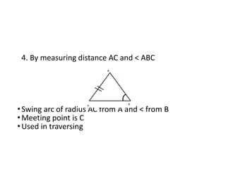 4. By measuring distance AC and < ABC
•Swing arc of radius AC from A and < from B
•Meeting point is C
•Used in traversing
 