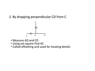 2. By dropping perpendicular CD from C
• Measure AD and CD
• Using set square find AC
• Called offsetting and used for locating details
 
