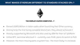 WHAT MAKES ETHEREUM DIFFERENT TO STANDARD STACKED OPs ?
● Raised US$15 Million in token-sales when launching their Ether c...