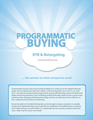 RTB & RetargetingRTB & Retargeting
A Professional Overview
... the answer to what companies need
Programmatic buying is the most exciting developent to sweep across the digital landscape
today. IDC has determined that there will be a 53% annual growth rate in the U.S. up until
2018. Forrester has projected that programmatic buying will ulitmately capture the bulk of all
digital advertising spending. Every marketing professional today needs to have a good under-
standing of this emerging marketing technology and the rammifications that it will have on
their companies for the future of marketing.
We are founded on the belief that big data can be brought to larger companies to radically
change their digital advertising, but could also be simplified to be distilled down to medium
and small businesses as well to affect in a substantial way the way they market in their local
areas. Make way for a brave new world!
PROGRAMMATICPROGRAMMATIC
BUYING
 