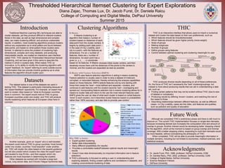 Thresholded Hierarchical Itemset Clustering for Expert Explorations
Diana Zajac, Thomas Lux, Dr. Jacob Furst, Dr. Daniela Raicu
College of Computing and Digital Media, DePaul University
Summer 2015
Introduction Clustering Algorithms THIC
Datasets
Traditional Machine Learning (ML) techniques are able to
cluster datasets, yet they produce difficult to interpret clusters.
Noise in the data, as well as high-dimensional and complex
data, can make clustering difficult, and produce undesirable
results. In addition, most clustering algorithms produce clusters
without any explanation as to what patters are found between
data points, and based on what patters those clusters were
formed. In attempt to solve the problem of clustering high-
dimensional, complex and noisy datasets, and producing
interpretable results, we created an interactive user-interface
called THIC. THIC stands for Thresholded Hierarchical Itemset
Clustering, and we have given it this name to describe the
method in which it clusters data. What makes THIC so
innovative, is it’s ability to modify the clustering algorithm with
‘expert’ feedback. An ‘expert’ referring to some outside source
of information that can provide intuitive guidance as to what
features the algorithm should cluster upon.
Figure 1 is a part of the 2012 City Livability dataset obtained with permission of The Economic
Intelligence Unit (EIU) from their collaboration with BuzzData.
Another example, given an ‘expert’ who is well-traveled,
the expert could instruct THIC to group countries “most homey”
under one cluster, countries “most beautiful” under another,
etc. THIC will cluster the cities based on the experts guidance,
but will also predict which clusters the cities the expert hasn’t
yet traveled to may fit into—and then explain which city
features are most important in determining the clusters.
Other datasets we worked with included a large text
corpus, lung cancer data, and Chronic Fatigue Syndrome data.
K-Means:
K-Means clustering is an
algorithm that makes k number of
clusters based on distances of each
data-point from the cluster centers. It
begins by plotting each data point—
in the case of City Livability, each
city is a point—with the features as
dimensions. For an n number of
features, there are n number of
dimensions. So each point has a
given (x, y, z, …, n) coordinate
based on its features. K-Means chooses initial cluster centers, and then
iteratively moves them until the distances of the points to the centers is
minimal, and the clusters are separated as best as possible.
K-Means with Feature Selection (KMFS):
KMFS uses feature selection algorithms in aiding k-means clustering.
Feature selection is usually used in order to strip a dataset of irrelevant,
corrupted, or redundant features, thereby enhancing the analysis capabilities
based on those features. KMFS selects features one-by-one starting with
those that create the ‘best’—most defined and separate—clusters, and
continues to add features until the clusters become ‘bad’—overlapping and
spread-out. Incorporating feature selection into k-means clustering allows for k-
means to cluster data and return to the use the most relevant features used.
KMFS gives the user an idea of what each cluster is based on (what features
‘trend’ in each cluster), but it describes cluster features based on probabilities
rather than 100% accuracy, and also fails to provide user-control.
Why THIC is better:
 Expert-guided clustering
 Better data interpretability
 Many different possibilities (for results)
 Provides a controllable tradeoff between optimal results and meaningful
results
 Doesn’t lose data dimensionality (no important information lost in feature
selection)
 THIC’s philosophy is focused on aiding a user in understanding and
exploring datasets, finding unseen patterns and correlations in datasets, and
creating unconventional clustering of data.
Group 1: High: Green Space,
Sprawl
Group 2: Low: Sprawl, Culture
and Environment,
Infrastructure
Group 3: Low: Infrastructure
High: Green Space
Group 4: Low: Sprawl, Culture
and Environment
Group 5: Low: Green Space,
Sprawl
Group 6: Low: Green Space
High: Sprawl
Group 7: Low: Sprawl
High: Green Space
The dataset below is one of the datasets we used in
testing THIC. This dataset is particularly interesting because of
the ‘expert feedback’ opportunity. For example, an expert may
want to cluster cities based on “what do European countries
have in common:” the expert would instruct THIC to group
European countries under one cluster, and THIC will produce
results explaining which features all European cities have in
common.
THIC is an interactive interface that allows users to import a numerical
dataset and cluster the data based on their own preferences, such as:
 Which features should be included/excluded
 Which features should be given higher priority (more weight)
 Sizes of groups
 Making subgroups
 Number of groups
 Define groups using features
 Control between optimal clustering and clustering meaningful to user
Acknowledgments
 Dr. Jacob Furst, PhD, 1998, professor, DePaul University, CDM
 Dr. Daniela Raicu, PhD, 2002, professor, DePaul University, CDM
 College of Digital Media, DePaul University
 Science Research Fellows
 DePauw University
Future Work
Although we completed THIC’s preliminary phase and there is still much to
improve on. The current THIC implementation focuses on single-item-itemsets,
because increasing itemset size increases the computation time and amount of
overlap in groups. Another interest would be developing better ‘stopping criteria’
for the algorithm, which at the moment is based on group overlap and minimal
coverage. With a better stopping criteria, expanding to multi-item-itemsets would
be more feasible, without contradicting the philosophy of THIC.
When completed, THIC will be able to provide meaningful information in
multiple domains, including but not limited to economics, medical sciences, and
statistical analysis.
THIC produces diverse results depending on all of these preferences.
So, the focus of THIC isn’t necessarily the ‘best’ clusters/groupings, but
instead is more about producing results that can aid in understanding a data
set, such as:
 Finding certain patterns that may not be evident without THIC (due to size
of dataset or complexity)
 Producing results by defining ‘known’ clusters, and matching the rest of
the cases to those
 Describing relationships between different features, as well as different
cases—in City Livability, cases are the cities, and features are qualities,
such as pollution and quality of education.
 