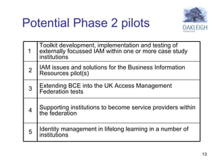 Potential Phase 2 pilots 5 4 3 2 1  Toolkit development, implementation and testing of externally focussed IAM within one or more case study institutions IAM issues and solutions for the Business Information Resources pilot(s) Identity management in lifelong learning in a number of institutions  Supporting institutions to become service providers within the federation Extending BCE into the UK Access Management Federation tests 