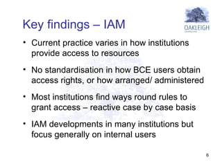Current practice varies in how institutions provide access to resources No standardisation in how BCE users obtain access rights, or how arranged/ administered Most institutions find ways round rules to grant access – reactive case by case basis IAM developments in many institutions but focus generally on internal users Key findings – IAM 