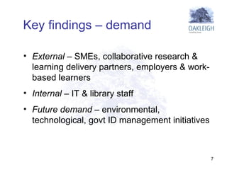 External  – SMEs, collaborative research & learning delivery partners, employers & work-based learners Internal  – IT & library staff  Future demand  – environmental, technological, govt ID management initiatives Key findings – demand 