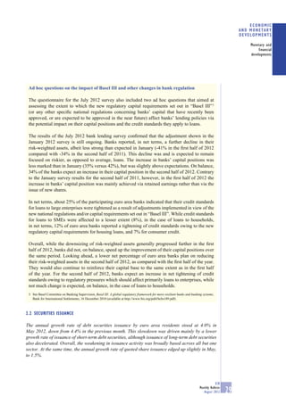 ECONOMIC
                                                                                                                                                  AND MONETARY
                                                                                                                                                  DEVELOPMENTS

                                                                                                                                                      Monetary and
                                                                                                                                                           financial
                                                                                                                                                      developments




 Ad hoc questions on the impact of Basel III and other changes in bank regulation

 The questionnaire for the July 2012 survey also included two ad hoc questions that aimed at
 assessing the extent to which the new regulatory capital requirements set out in “Basel III” 3
 (or any other speciﬁc national regulations concerning banks’ capital that have recently been
 approved, or are expected to be approved in the near future) affect banks’ lending policies via
 the potential impact on their capital positions and the credit standards they apply to loans.

 The results of the July 2012 bank lending survey conﬁrmed that the adjustment shown in the
 January 2012 survey is still ongoing. Banks reported, in net terms, a further decline in their
 risk-weighted assets, albeit less strong than expected in January (-41% in the ﬁrst half of 2012
 compared with -34% in the second half of 2011). This decline was and is expected to remain
 focused on riskier, as opposed to average, loans. The increase in banks’ capital positions was
 less marked than in January (35% versus 42%), but was slightly above expectations. On balance,
 34% of the banks expect an increase in their capital position in the second half of 2012. Contrary
 to the January survey results for the second half of 2011, however, in the ﬁrst half of 2012 the
 increase in banks’ capital position was mainly achieved via retained earnings rather than via the
 issue of new shares.

 In net terms, about 25% of the participating euro area banks indicated that their credit standards
 for loans to large enterprises were tightened as a result of adjustments implemented in view of the
 new national regulations and/or capital requirements set out in “Basel III”. While credit standards
 for loans to SMEs were affected to a lesser extent (8%), in the case of loans to households,
 in net terms, 12% of euro area banks reported a tightening of credit standards owing to the new
 regulatory capital requirements for housing loans, and 7% for consumer credit.

 Overall, while the downsizing of risk-weighted assets generally progressed further in the ﬁrst
 half of 2012, banks did not, on balance, speed up the improvement of their capital positions over
 the same period. Looking ahead, a lower net percentage of euro area banks plan on reducing
 their risk-weighted assets in the second half of 2012, as compared with the ﬁrst half of the year.
 They would also continue to reinforce their capital base to the same extent as in the ﬁrst half
 of the year. For the second half of 2012, banks expect an increase in net tightening of credit
 standards owing to regulatory pressures which should affect primarily loans to enterprises, while
 not much change is expected, on balance, in the case of loans to households.
 3 See Basel Committee on Banking Supervision, Basel III: A global regulatory framework for more resilient banks and banking systems,
   Bank for International Settlements, 16 December 2010 (available at http://www.bis.org/publ/bcbs189.pdf).



2.2 SECURITIES ISSUANCE

The annual growth rate of debt securities issuance by euro area residents stood at 4.0% in
May 2012, down from 4.4% in the previous month. This slowdown was driven mainly by a lower
growth rate of issuance of short-term debt securities, although issuance of long-term debt securities
also decelerated. Overall, the weakening in issuance activity was broadly based across all but one
sector. At the same time, the annual growth rate of quoted share issuance edged up slightly in May,
to 1.5%.




                                                                                                                                      ECB
                                                                                                                          Monthly Bulletin
                                                                                                                             August 2012     29
 