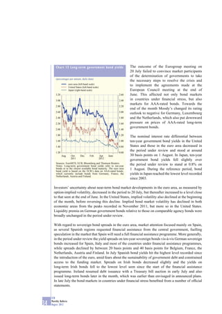 Chart 13 Long-term government bond yields                             The outcome of the Eurogroup meeting on
                                                                               20 July failed to convince market participants
                                                                               of the determination of governments to take
         (percentages per annum; daily data)
                                                                               the necessary steps to resolve the crisis and
                        euro area (left-hand scale)
                        United States (left-hand scale)
                                                                               to implement the agreements made at the
                        Japan (right-hand scale)                               European Council meeting at the end of
         3.20                                                           2.60   June. This affected not only bond markets
         3.00                                                           2.40   in countries under ﬁnancial stress, but also
                                                                               markets for AAA-rated bonds. Towards the
         2.80                                                           2.20
                                                                               end of the month Moody’s changed its rating
         2.60                                                           2.00
                                                                               outlook to negative for Germany, Luxembourg
         2.40                                                           1.80   and the Netherlands, which also put downward
         2.20                                                           1.60   pressure on prices of AAA-rated long-term
                                                                               government bonds.
         2.00                                                           1.40

         1.80                                                           1.20
                                                                               The nominal interest rate differential between
         1.60                                                           1.00   ten-year government bond yields in the United
         1.40                                                           0.80   States and those in the euro area decreased in
         1.20                                                           0.60
                                                                               the period under review and stood at around
                Aug.      Oct.      Dec.      Feb.        Apr.   June          30 basis points on 1 August. In Japan, ten-year
                          2011                            2012
                                                                               government bond yields fell slightly over
         Sources: EuroMTS, ECB, Bloomberg and Thomson Reuters.
         Notes: Long-term government bond yields refer to ten-year             the period under review to stand at 0.8% on
         bonds or to the closest available bond maturity. The euro area        1 August. During the reference period, bond
         bond yield is based on the ECB’s data on AAA-rated bonds,
         which currently include bonds from Germany, France, the               yields in Japan reached the lowest level recorded
         Netherlands, Austria and Finland.
                                                                               since 2003.

       Investors’ uncertainty about near-term bond market developments in the euro area, as measured by
       option-implied volatility, decreased in the period to 20 July, but thereafter increased to a level close
       to that seen at the end of June. In the United States, implied volatility also declined at the beginning
       of the month, before reversing this decline. Implied bond market volatility has declined in both
       economic areas from the peaks recorded in November 2011, but more so in the United States.
       Liquidity premia on German government bonds relative to those on comparable agency bonds were
       broadly unchanged in the period under review.

       With regard to sovereign bond spreads in the euro area, market attention focused mainly on Spain,
       as several Spanish regions requested ﬁnancial assistance from the central government, fuelling
       speculation in the market that Spain will need a full ﬁnancial assistance programme. More generally,
       in the period under review the yield spreads on ten-year sovereign bonds vis-à-vis German sovereign
       bonds increased for Spain, Italy and most of the countries under ﬁnancial assistance programmes,
       while spreads declined by between 20 basis points and 40 basis points for Belgium, France, the
       Netherlands, Austria and Finland. In July Spanish bond yields hit the highest level recorded since
       the introduction of the euro, amid fears about the sustainability of government debt and constrained
       access to the funding market. Spreads on Irish bonds decreased slightly and the yields on
       long-term Irish bonds fell to the lowest level seen since the start of the ﬁnancial assistance
       programme. Ireland resumed debt issuance with a Treasury bill auction in early July and also
       issued long-term bonds later in the month, which was earlier than envisaged in announced plans.
       In late July the bond markets in countries under ﬁnancial stress beneﬁted from a number of ofﬁcial
       statements.


     ECB
     Monthly Bulletin
34   August 2012
 